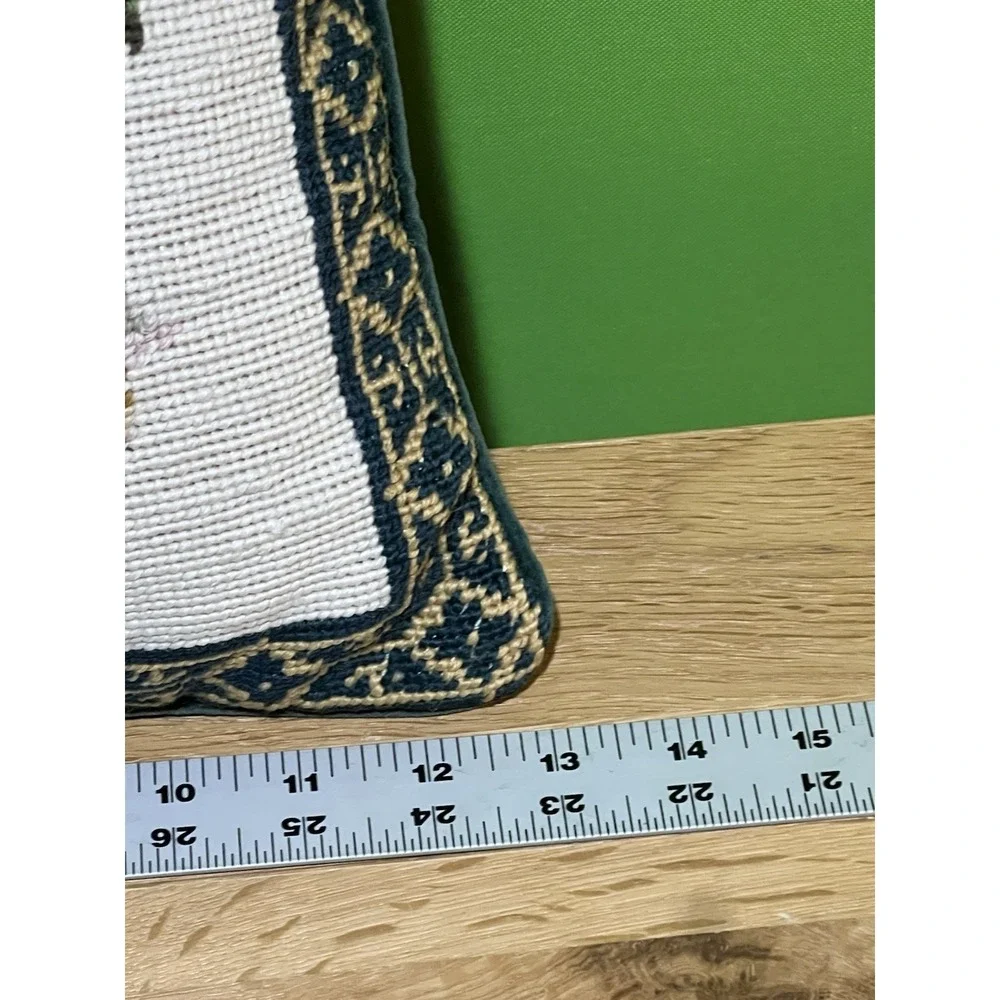 Needlepoint Magnolia & Dogwood Floral Pillow Green Velvet‎ Backing-Set 2 Vintage